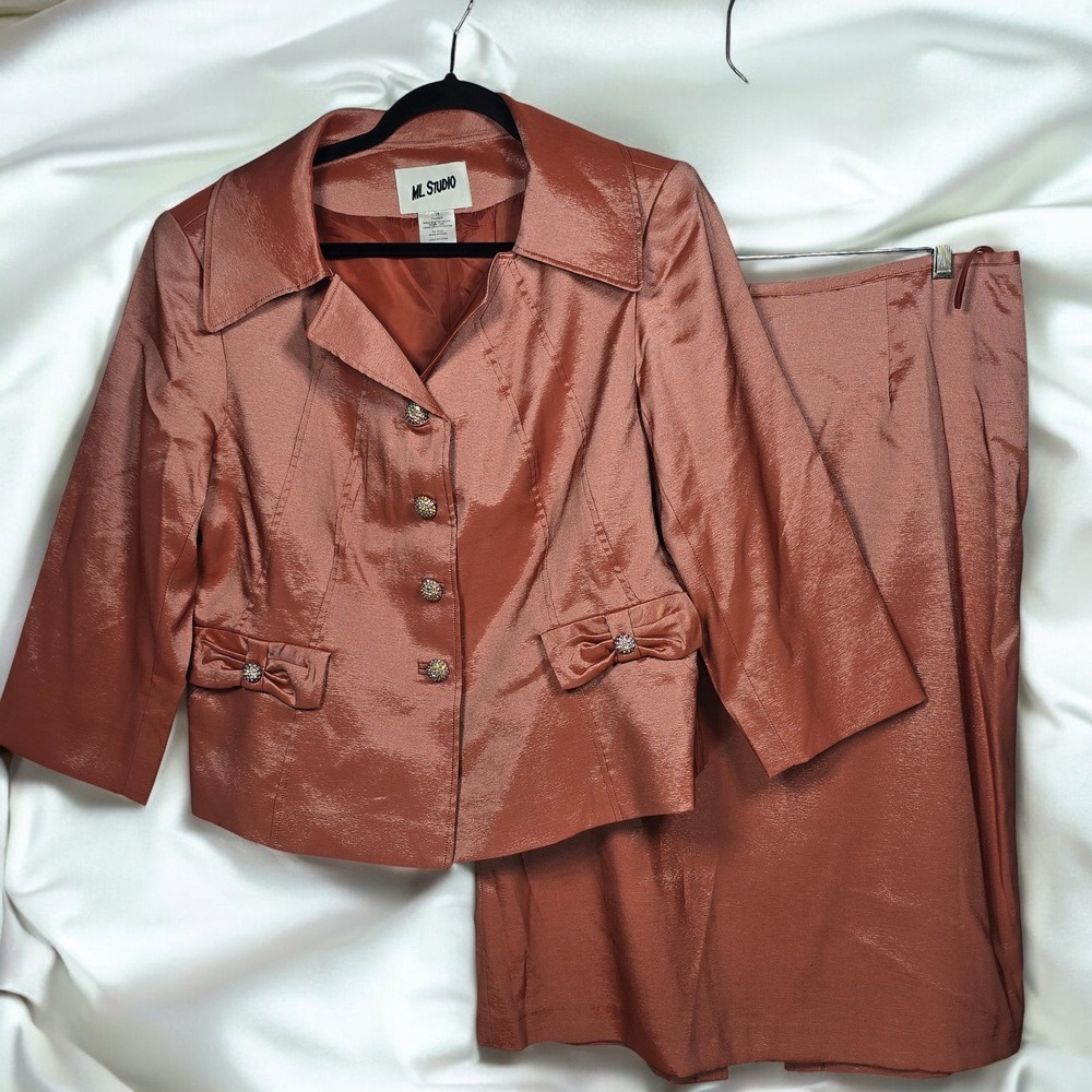 ML Studio Skirt Suit Set Womens 16 Copper Brown‎ Blazer Jacket Dressy Career